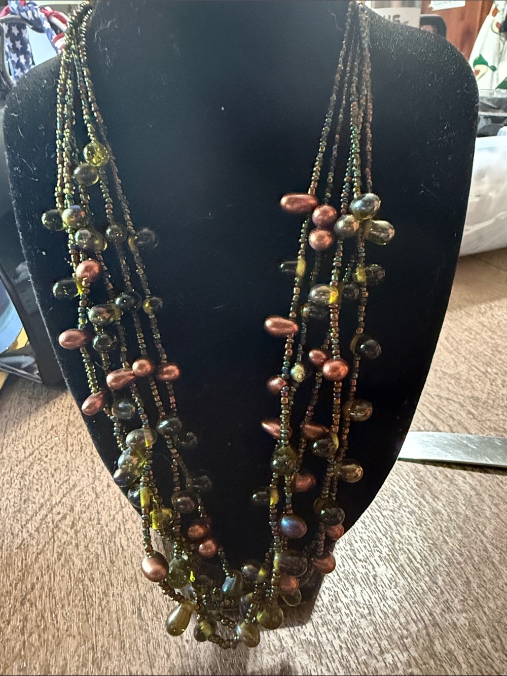 Multi-Strand Olive Green and Copper Beaded Necklace